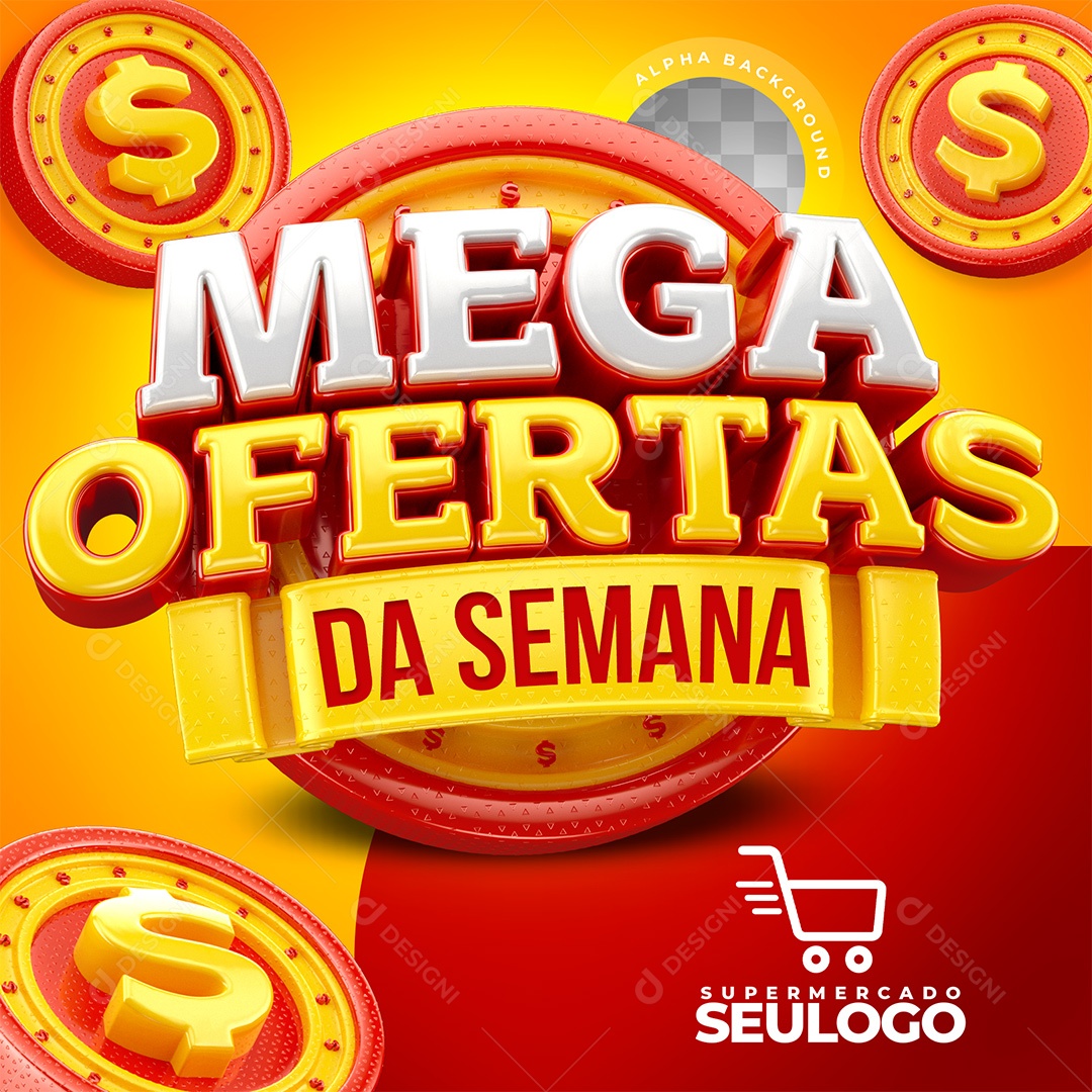 Mega Ofertas da Semana Selo 3D para Composição de Supermercado Social Media PSD Editável