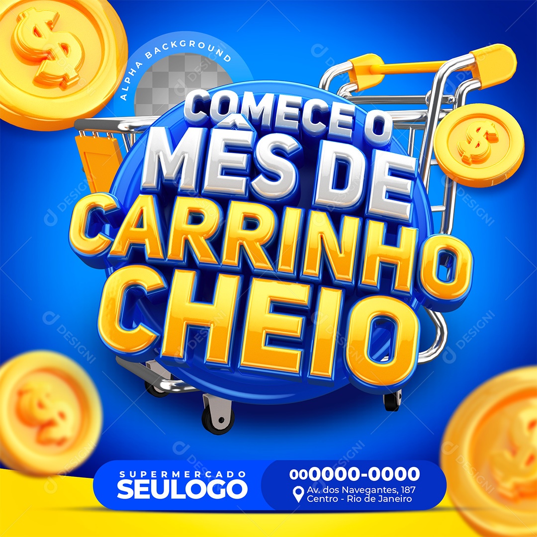 Comece o Mês de Carrinho Cheio Selo 3D para Composição de Supermercado PSD Editável