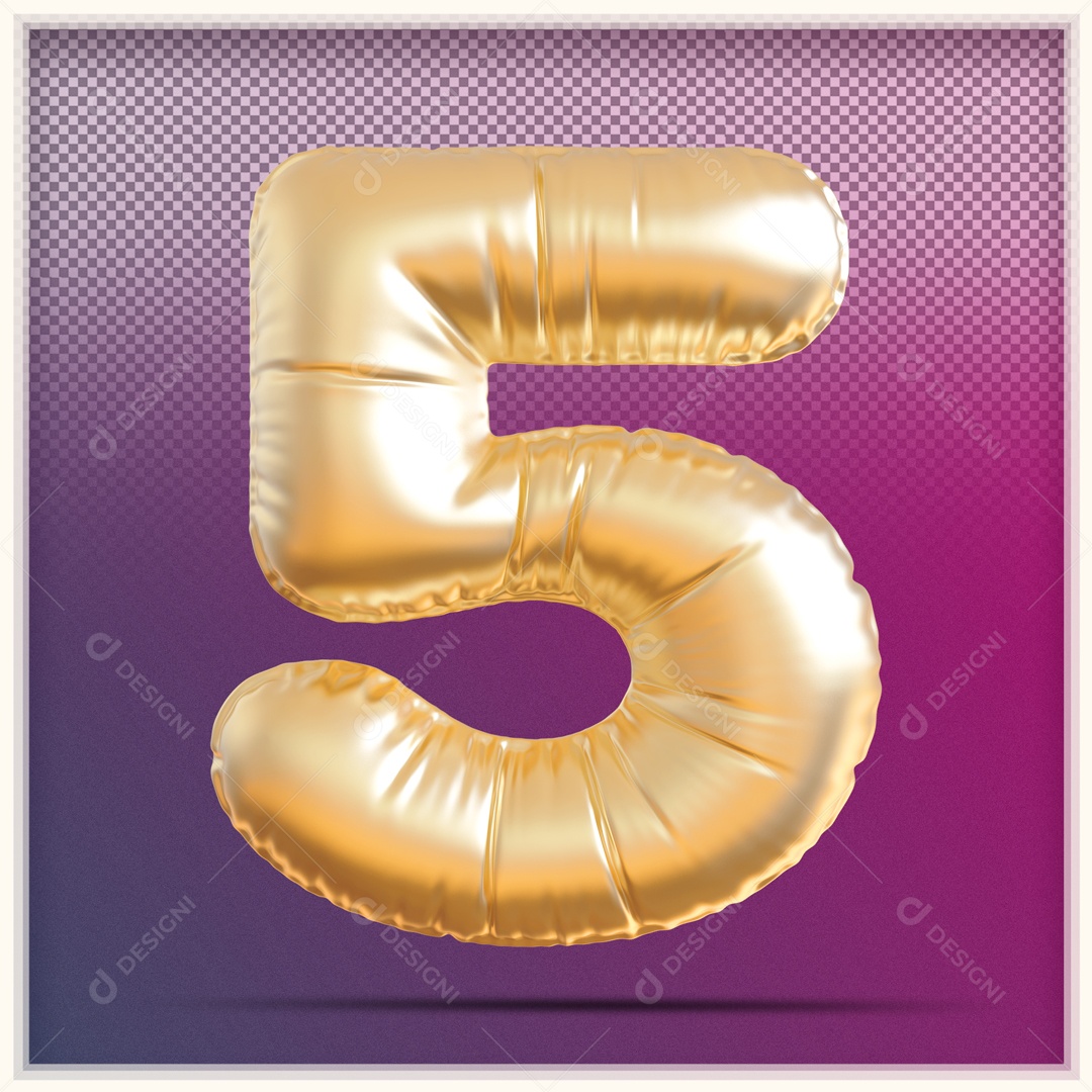 Número 3D 5 Balão Dourado Para Composição PSD