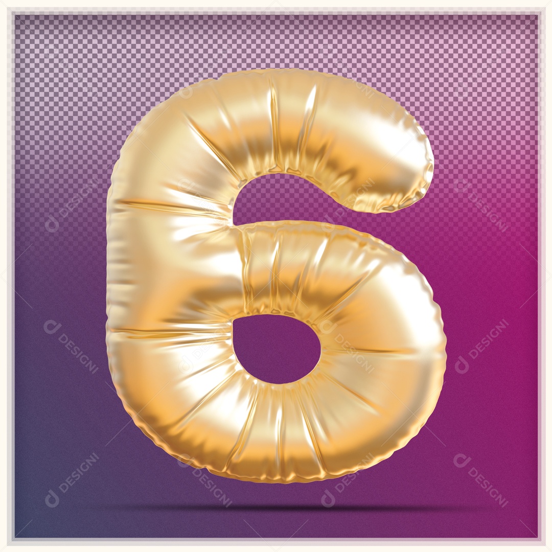 Número 3D 6 Balão Dourado Para Composição PSD