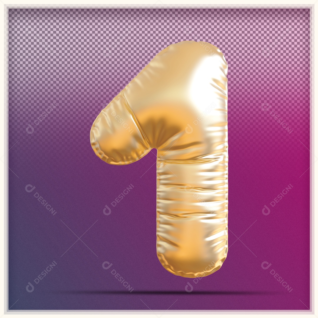 Número 3D 1 Balão Dourado Para Composição PSD