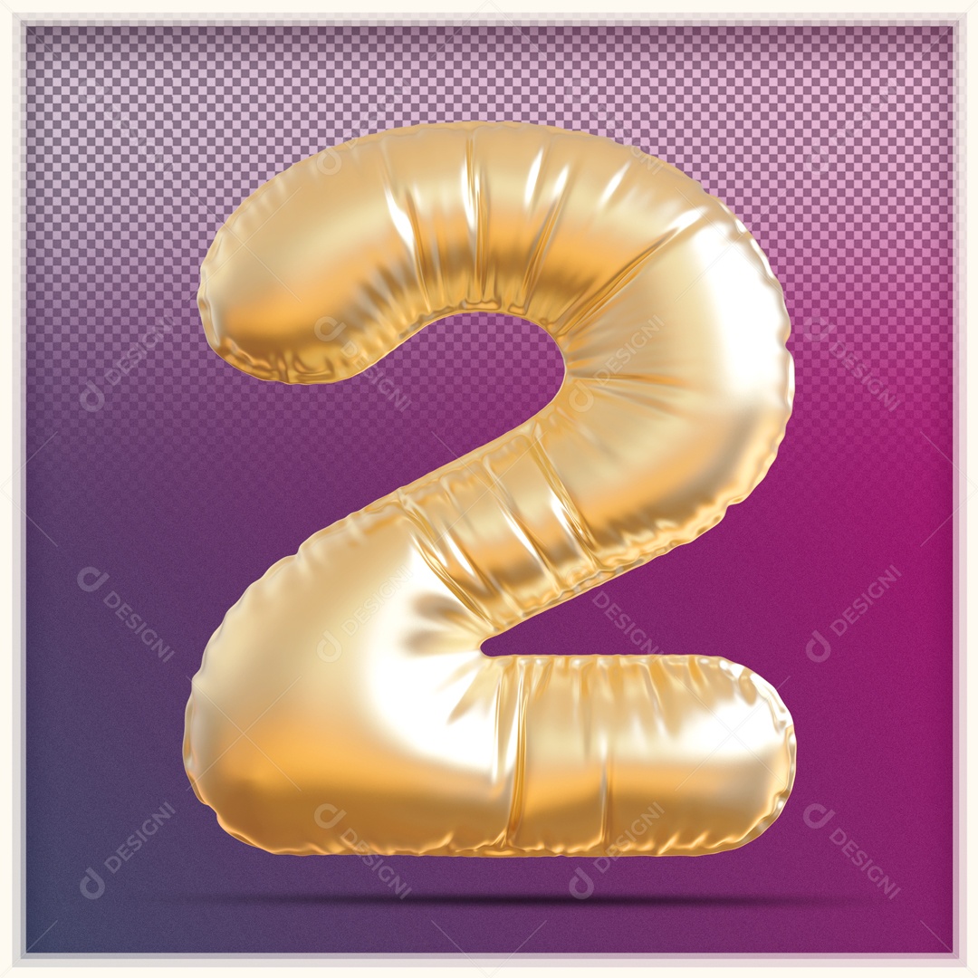 Número 3D 2 Balão Dourado Para Composição PSD