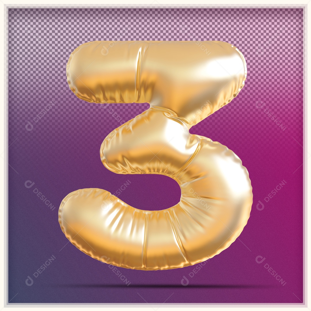 Número 3D 3 Balão Dourado Para Composição PSD