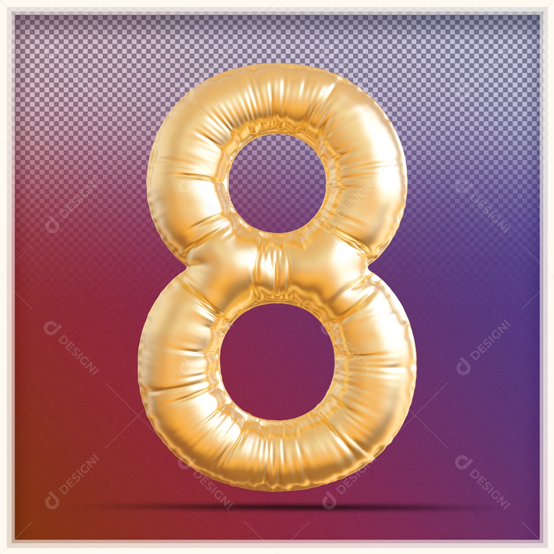 Numero 3D 8 Balão Dourado Para Composição PSD