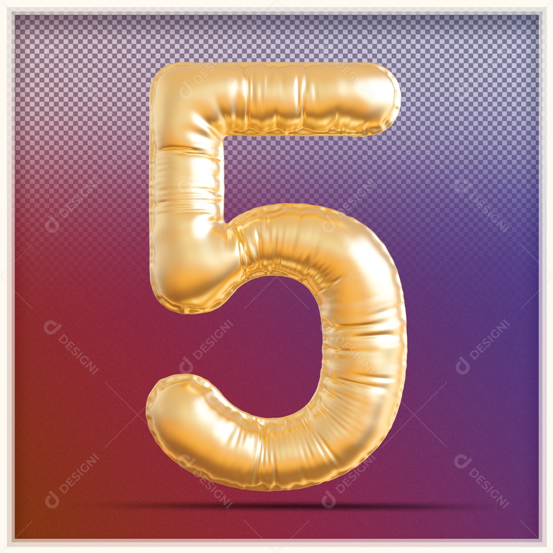 Numero 3D 5 Balão Dourado Para Composição PSD