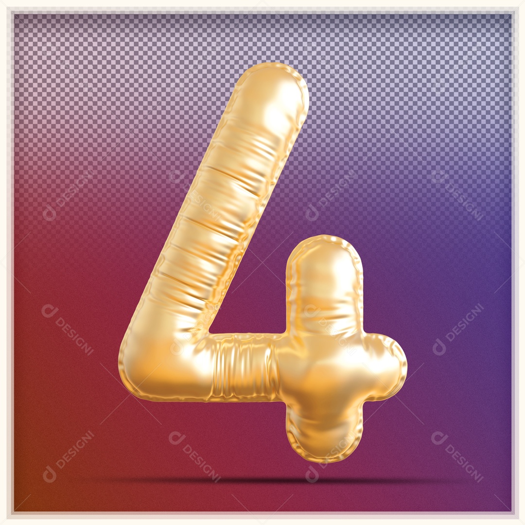 Numero 3D 4 Balão Dourado Para Composição PSD