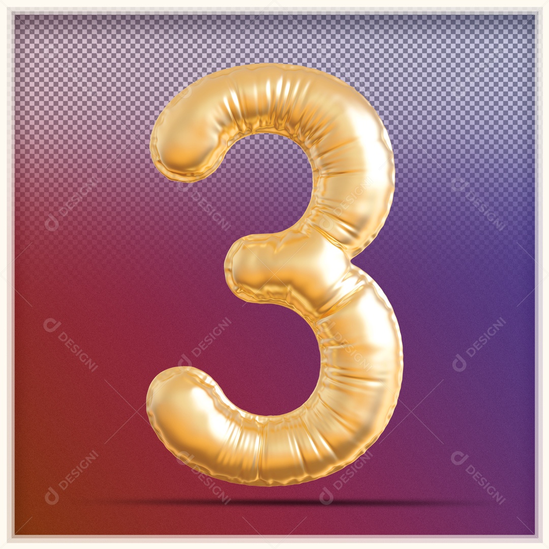 Numero 3D 3 Balão Dourado Para Composição PSD