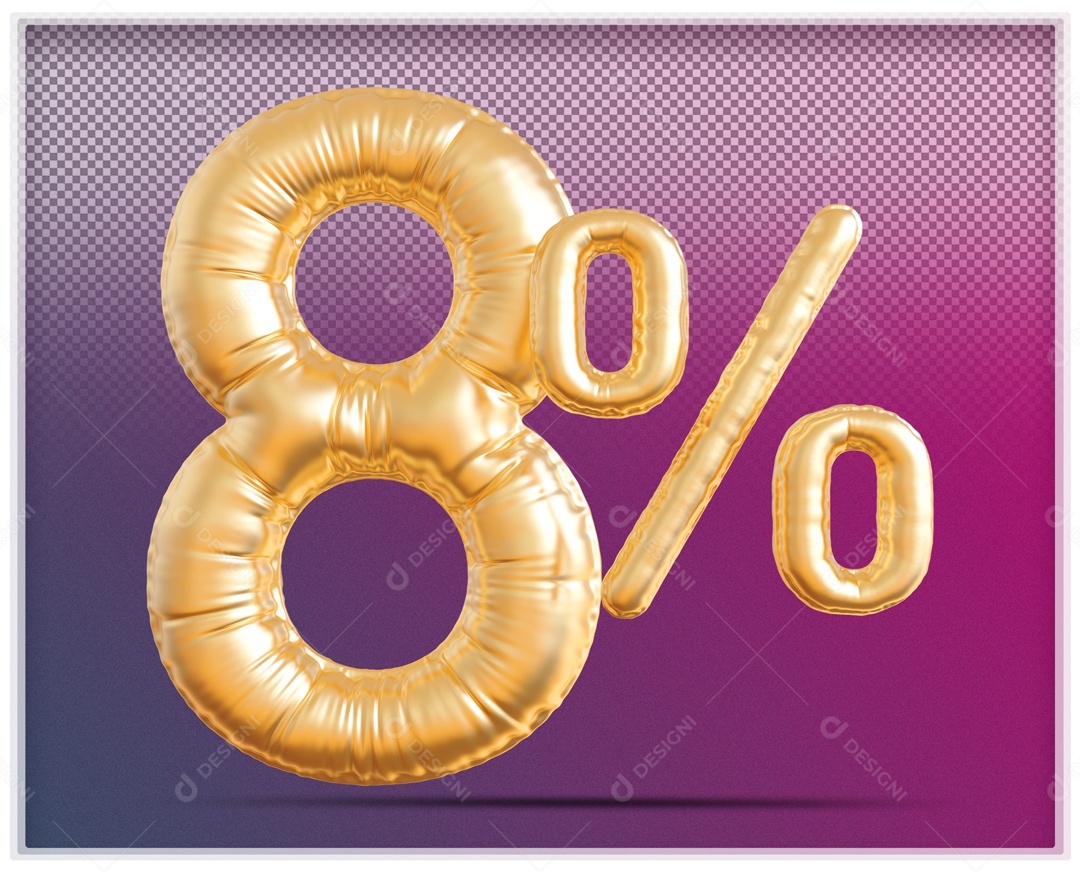 Número 3D 8% Porcento Balão Dourado Para Composição PSD