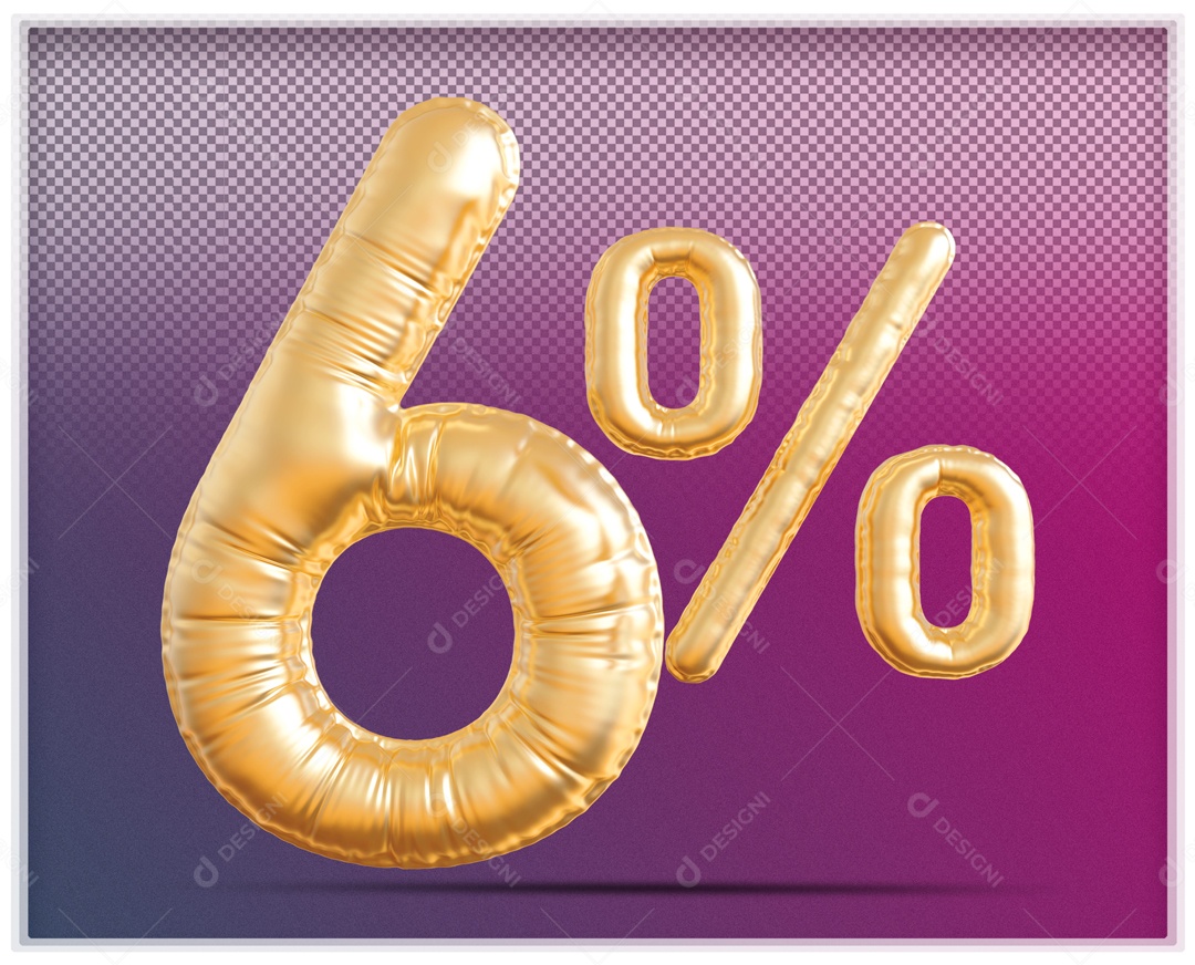 Número 3D 6% Porcento Balão Dourado Para Composição PSD