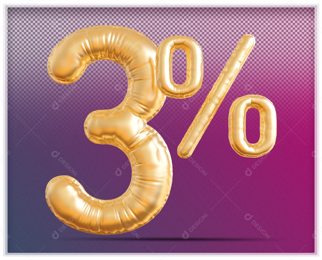 Número 3D 3% Porcento Balão Dourado Para Composição PSD
