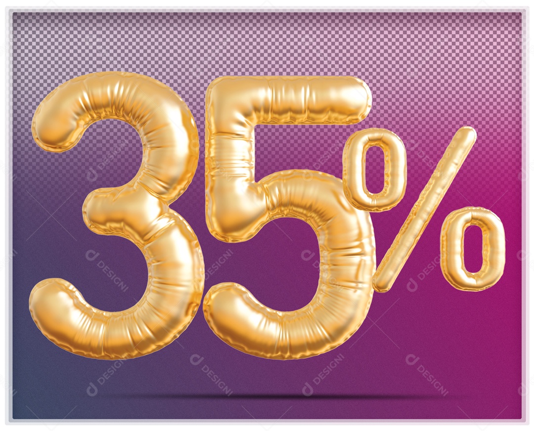 Número 3D 35% Porcento Balão Dourado Para Composição PSD