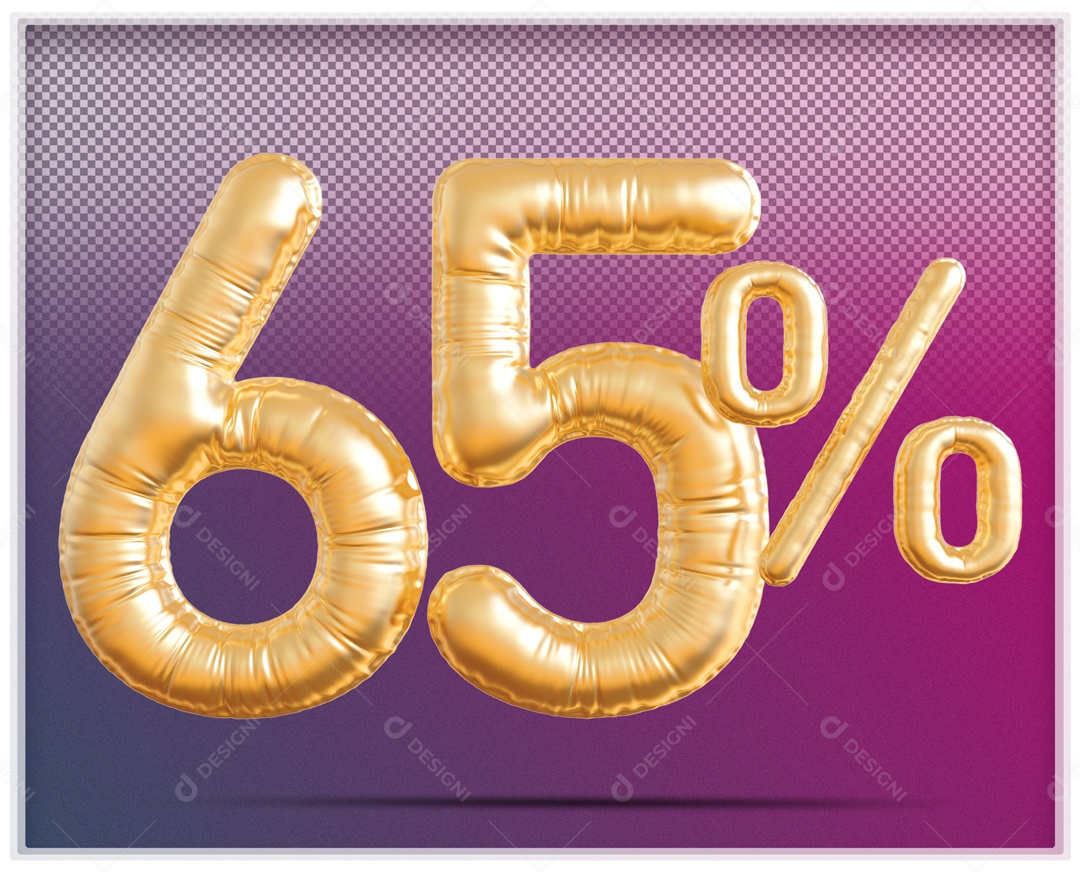 Número 3D 65% Porcento Balão Dourado Para Composição PSD