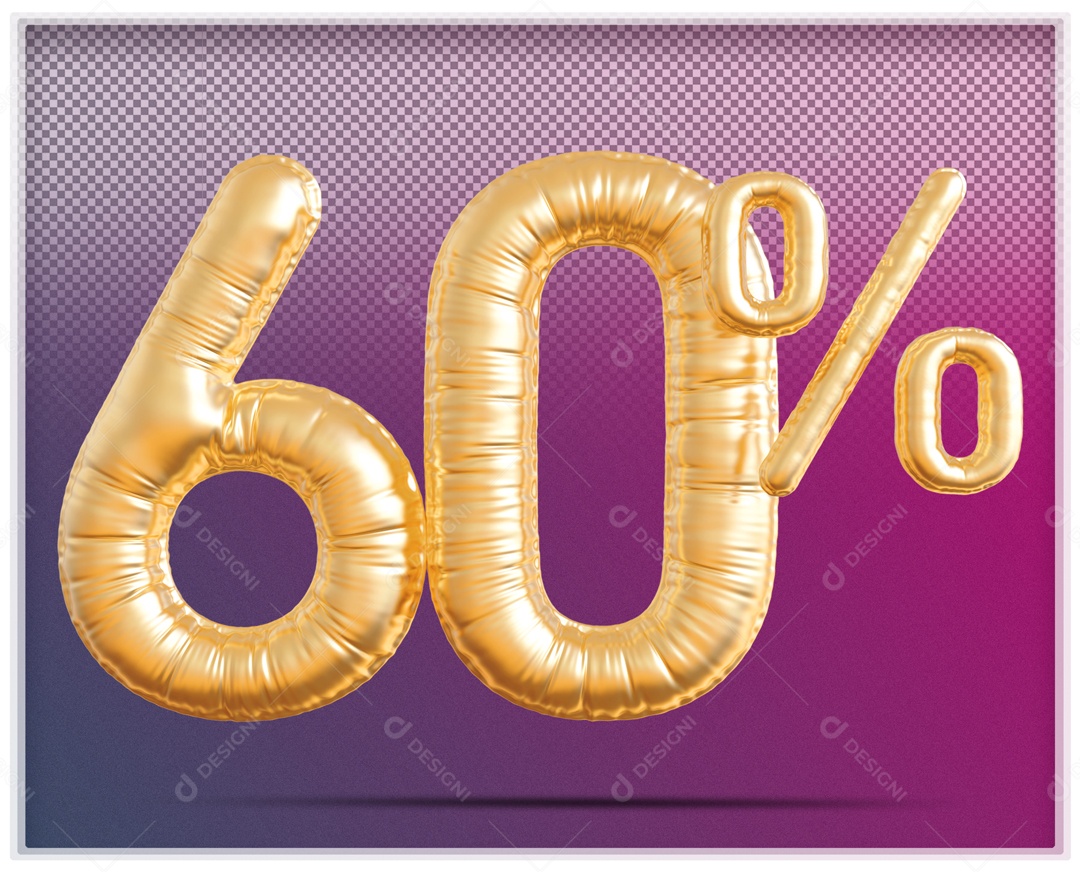 Número 3D 60% Porcento Balão Dourado Para Composição PSD