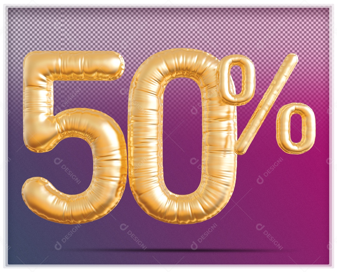 Número 3D 50% Porcento Balão Dourado Para Composição PSD