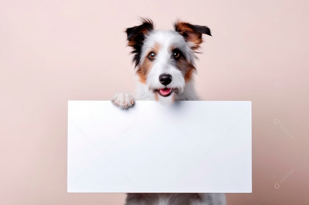 Cão isolado segurando o quadro de publicidade de fundo branco com espaço para texto.