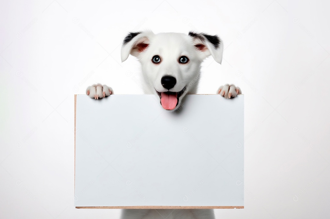 Cão isolado segurando o quadro de publicidade de fundo branco com espaço para texto.