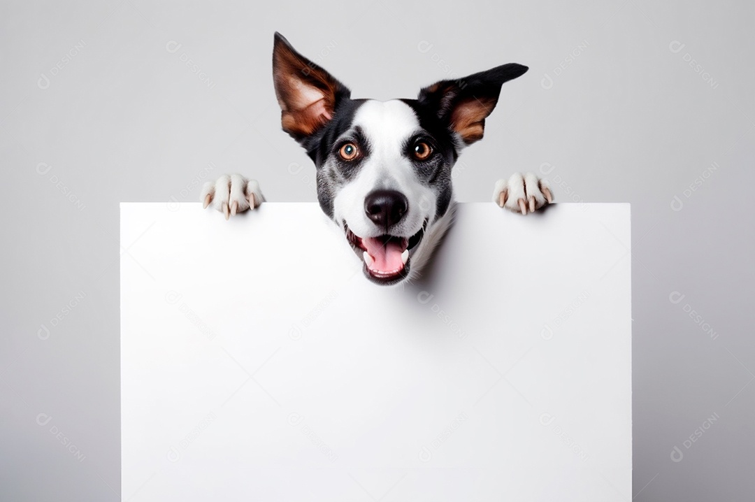 Cão isolado segurando o quadro de publicidade de fundo branco com espaço para texto.