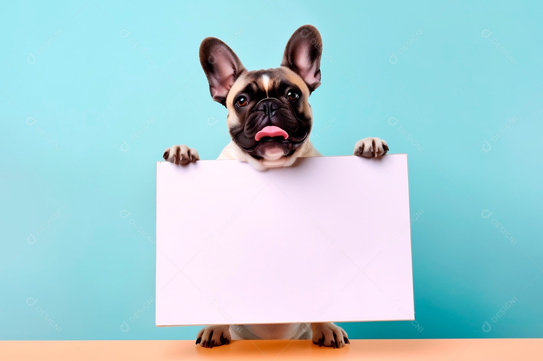 Cão isolado segurando o quadro de publicidade de fundo branco com espaço para texto.