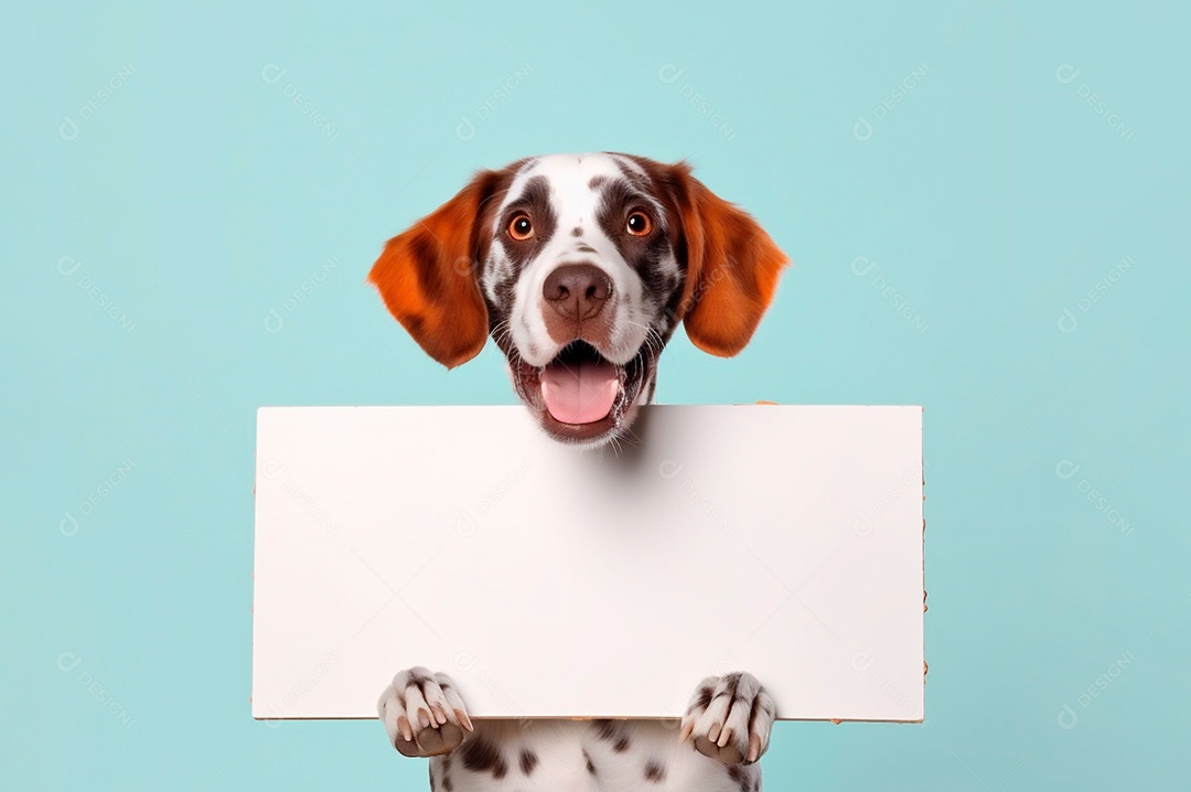 Cão isolado segurando o quadro de publicidade de fundo branco com espaço para texto.