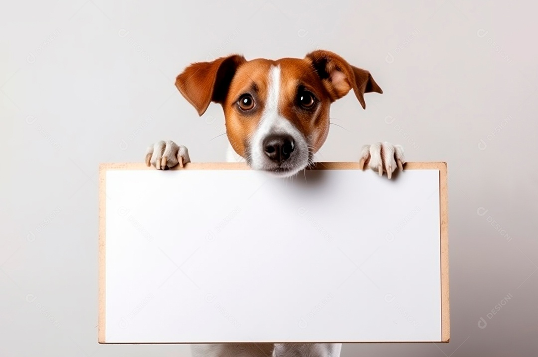 Cão isolado segurando o quadro de publicidade de fundo branco com espaço para texto.