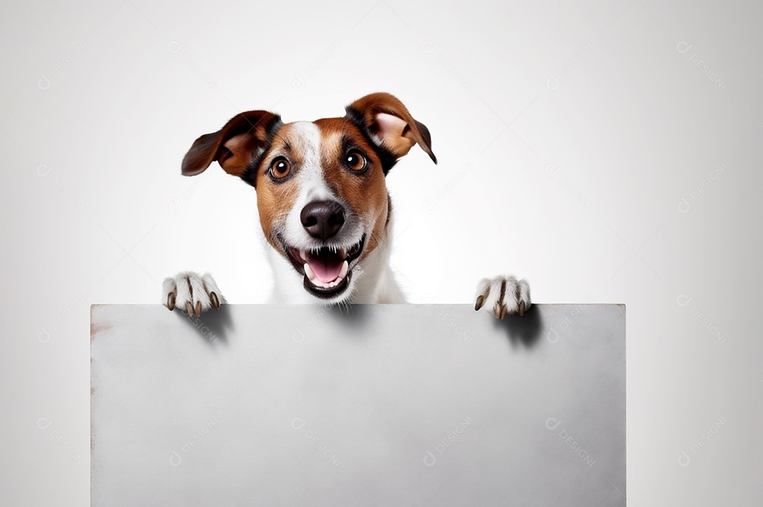 Cão isolado segurando o quadro de publicidade de fundo branco com espaço para texto.
