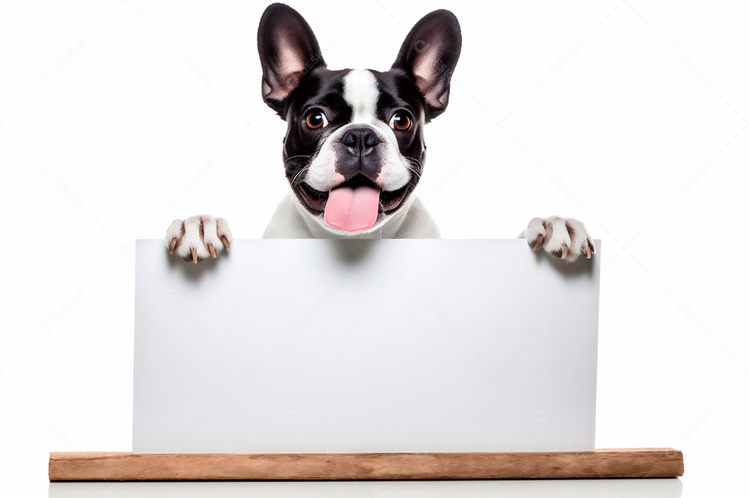 Cão isolado segurando o quadro de publicidade de fundo branco com espaço para texto.