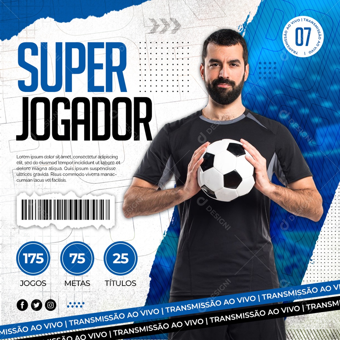 Super Jogador de Futebol Transmissão Ao Vivo Social Media PSD Editável