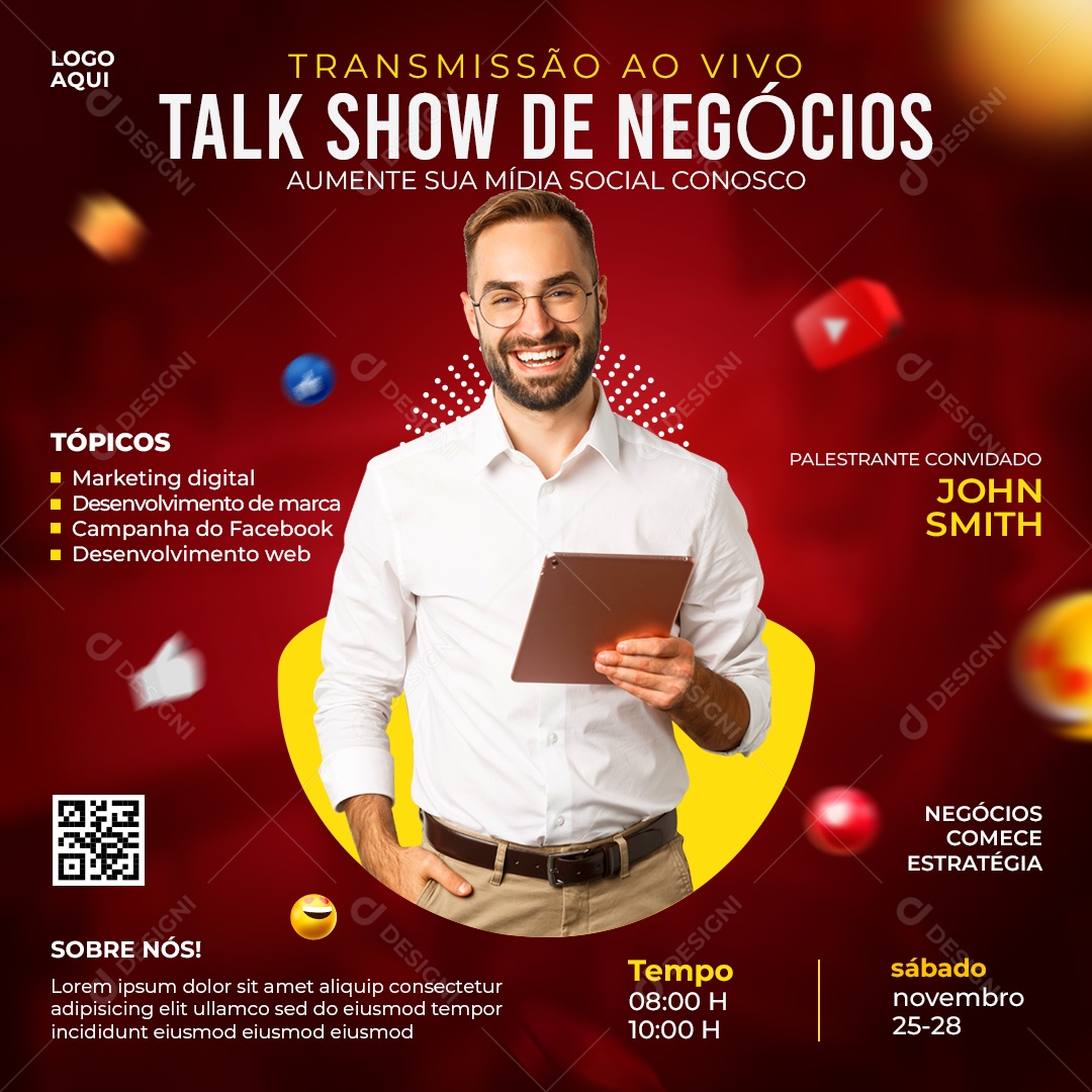 Transmissão Ao Vivo Talk Show de Negócios Social Media PSD Editável