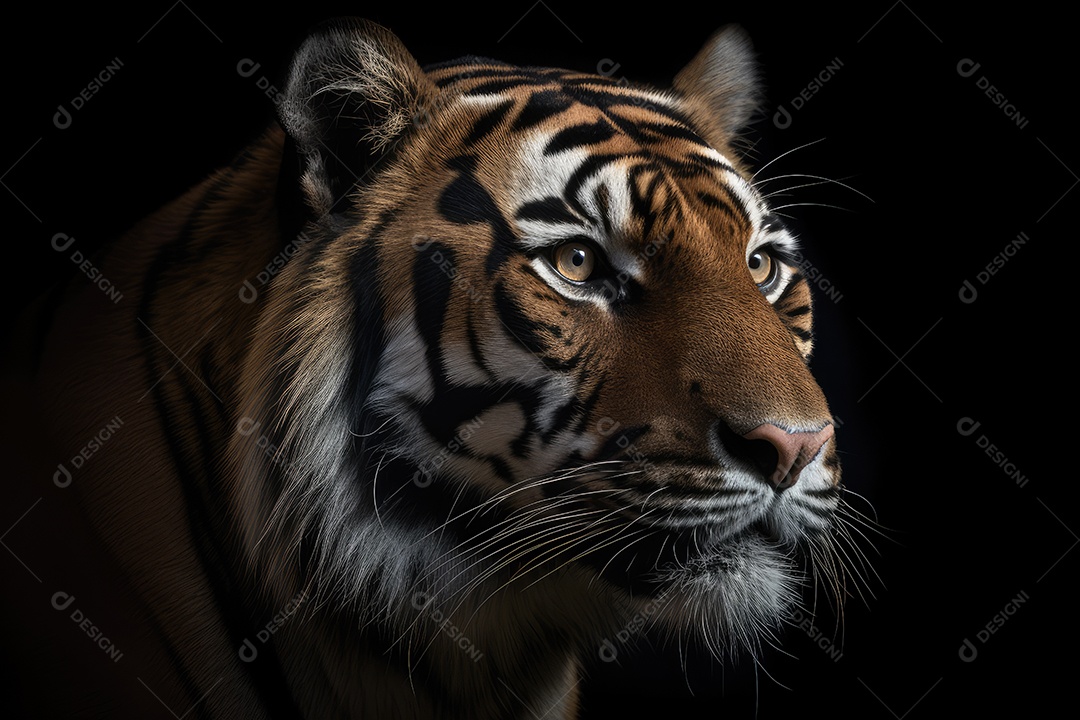 Tigre vista frontal fundo preto fotografia hiper-realista gerada por IA