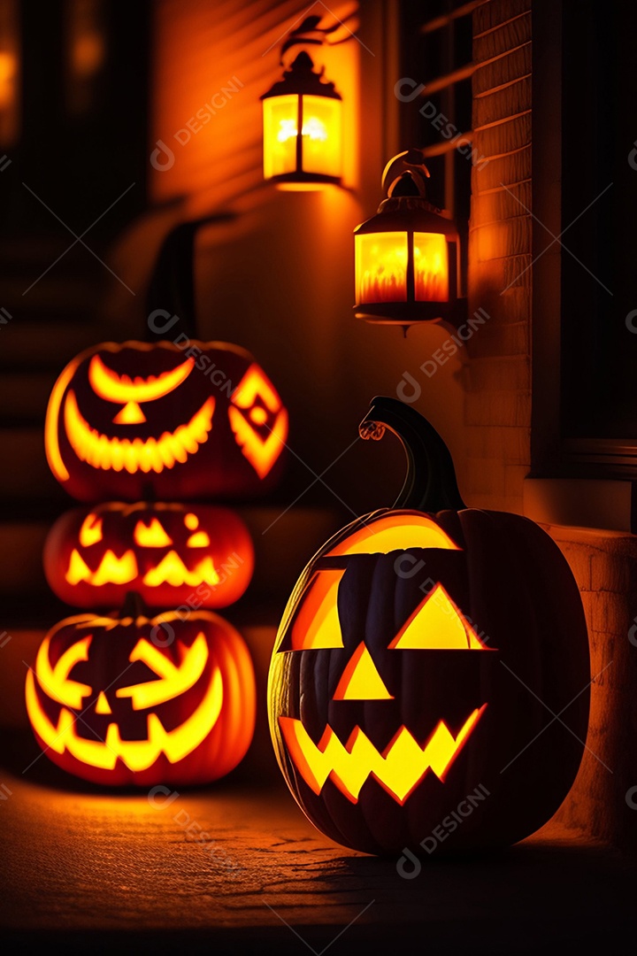 Cenário de festa de halloween tradicional. Papel de parede de Halloween com abóbora malvada.