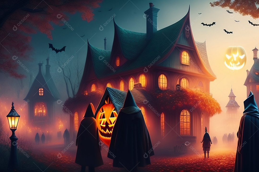 Cenário de festa de halloween tradicional. Papel de parede de Halloween com abóbora malvada.