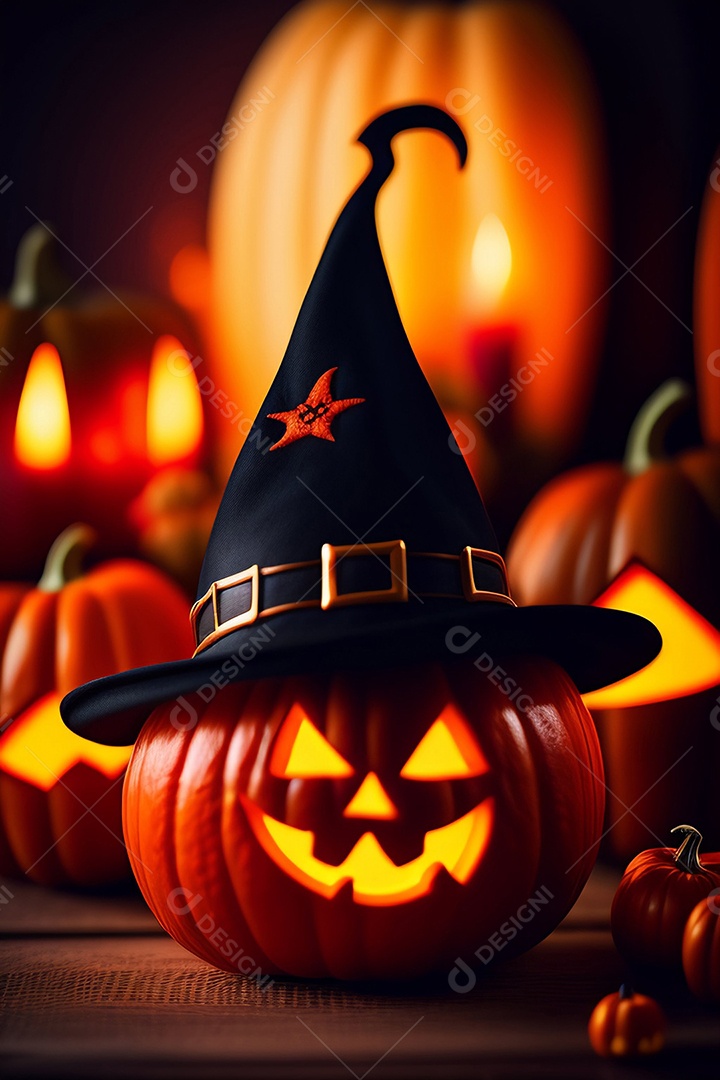 Cenário de festa de halloween tradicional. Papel de parede de Halloween com abóbora malvada.