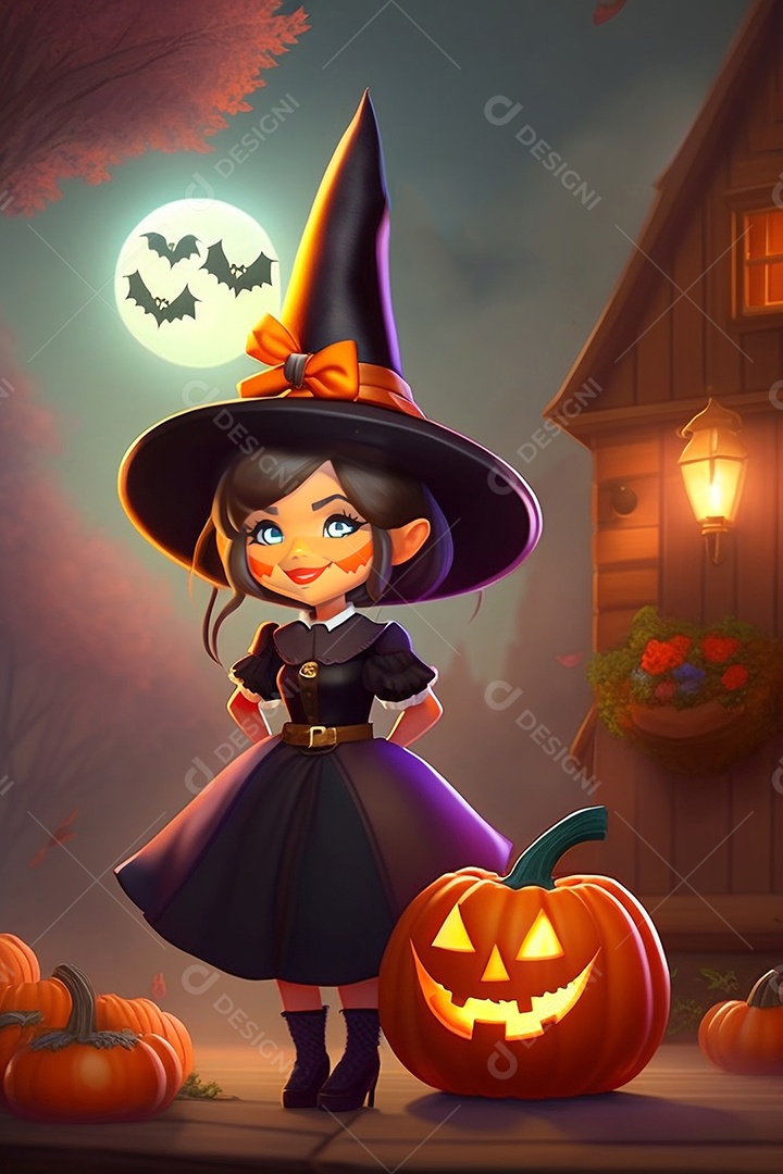 Cenário de festa de halloween tradicional. Pequena bruxa.