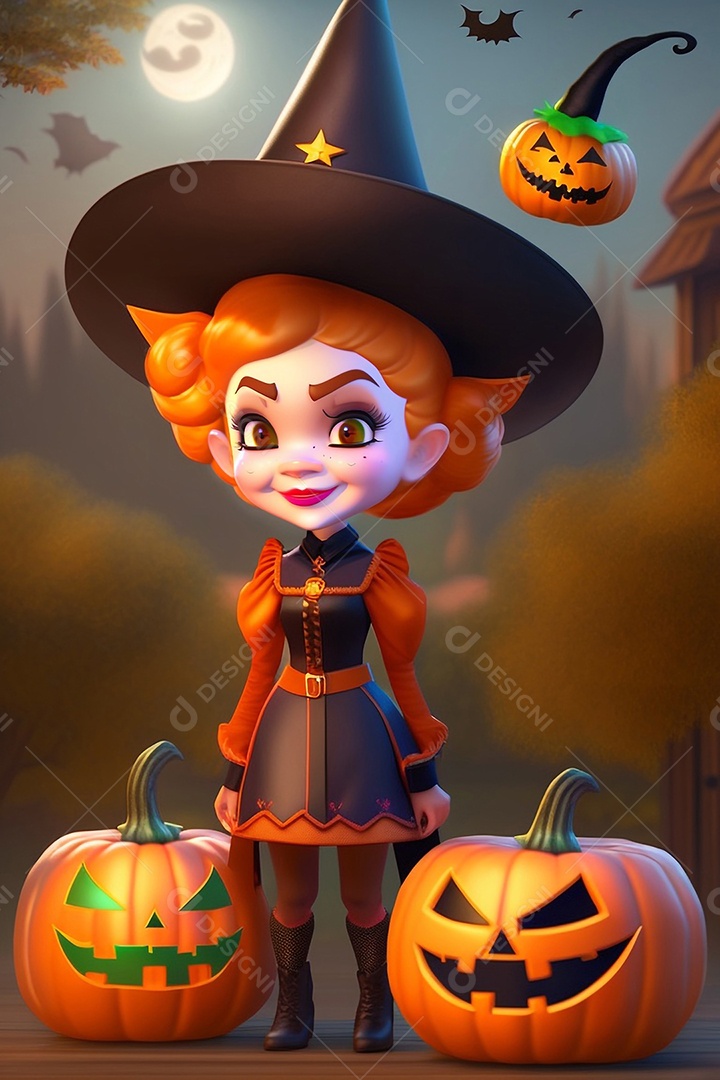 Cenário de festa de halloween tradicional. Pequena bruxa.