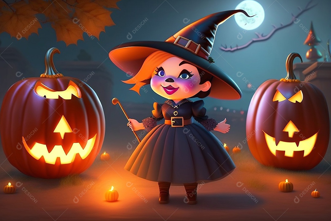 Cenário de festa de halloween tradicional. Pequena bruxa.