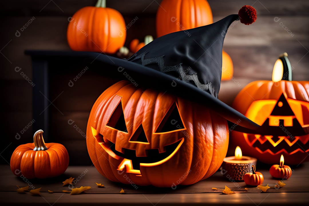 Cenário de festa de halloween tradicional. Papel de parede de Halloween com abóbora malvada.