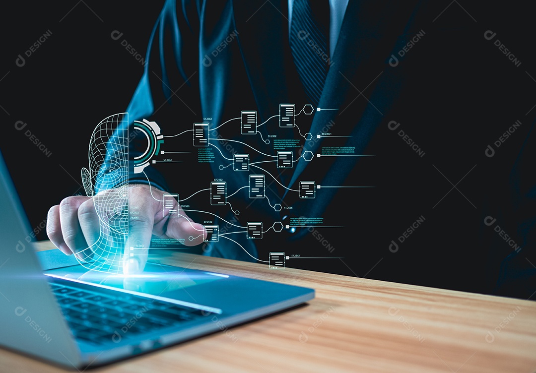 Cérebro tocante de mão de IA, simbólico, aprendizado de máquina, inteligência artificial de tecnologia futurista. Rede AI do cérebro na análise de negócios.