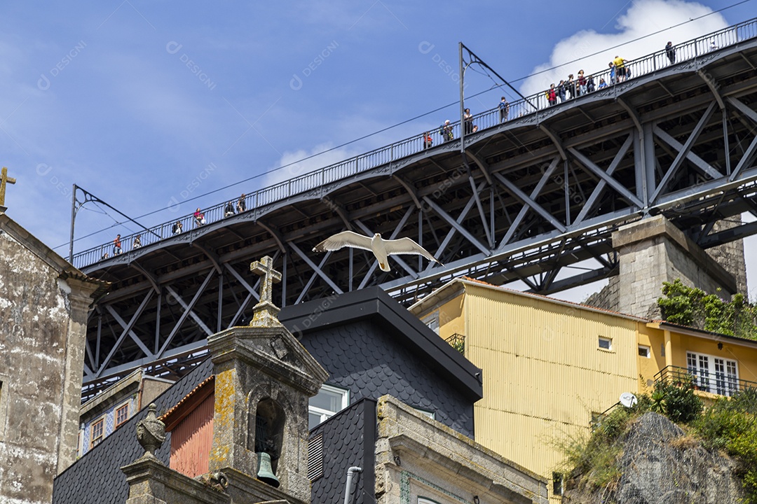Pássaro voando perto do sino de uma igreja na cidade do Porto, em Portugal