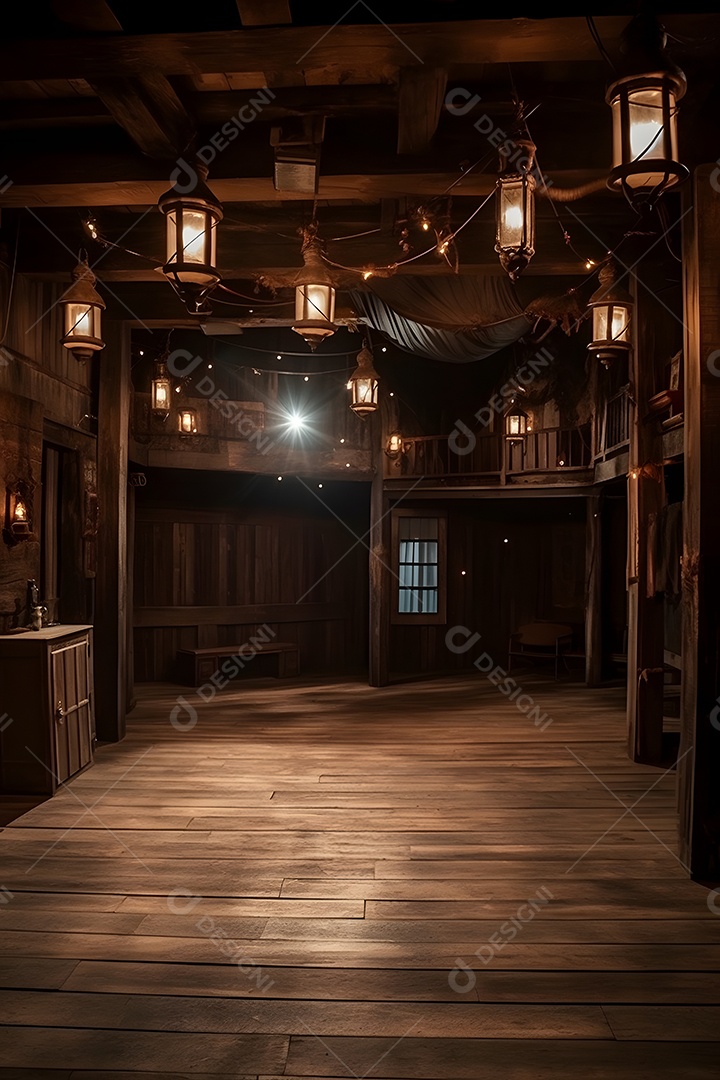 Cenário futurístico de madeira iluminado