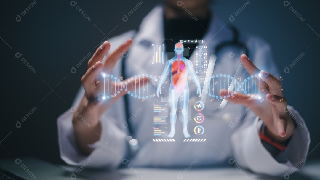 Médico de medicina. DNA. Saúde digital e conexão de rede na interface do holograma, ciência e inovação, tecnologia médica e conceito de rede