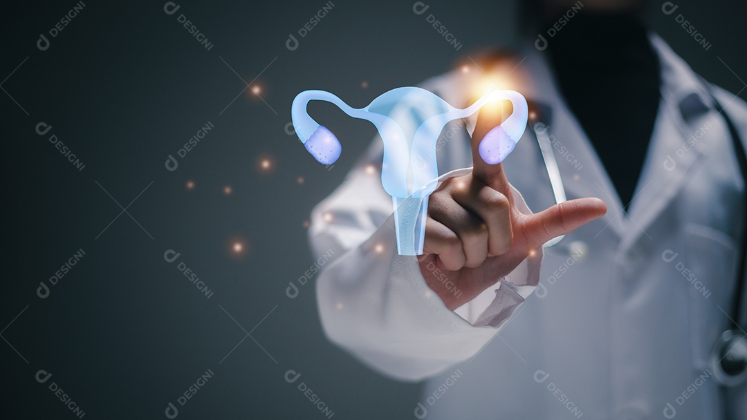 Conceito feminino saudável. Médico tocando o sistema reprodutivo do útero virtual, saúde da mulher, SOP