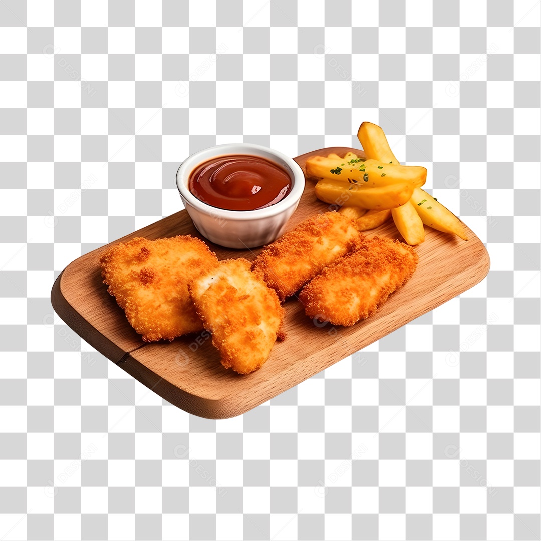 Frango Empanado Com Molho Na Bandeja De Madeira PNG Transparente