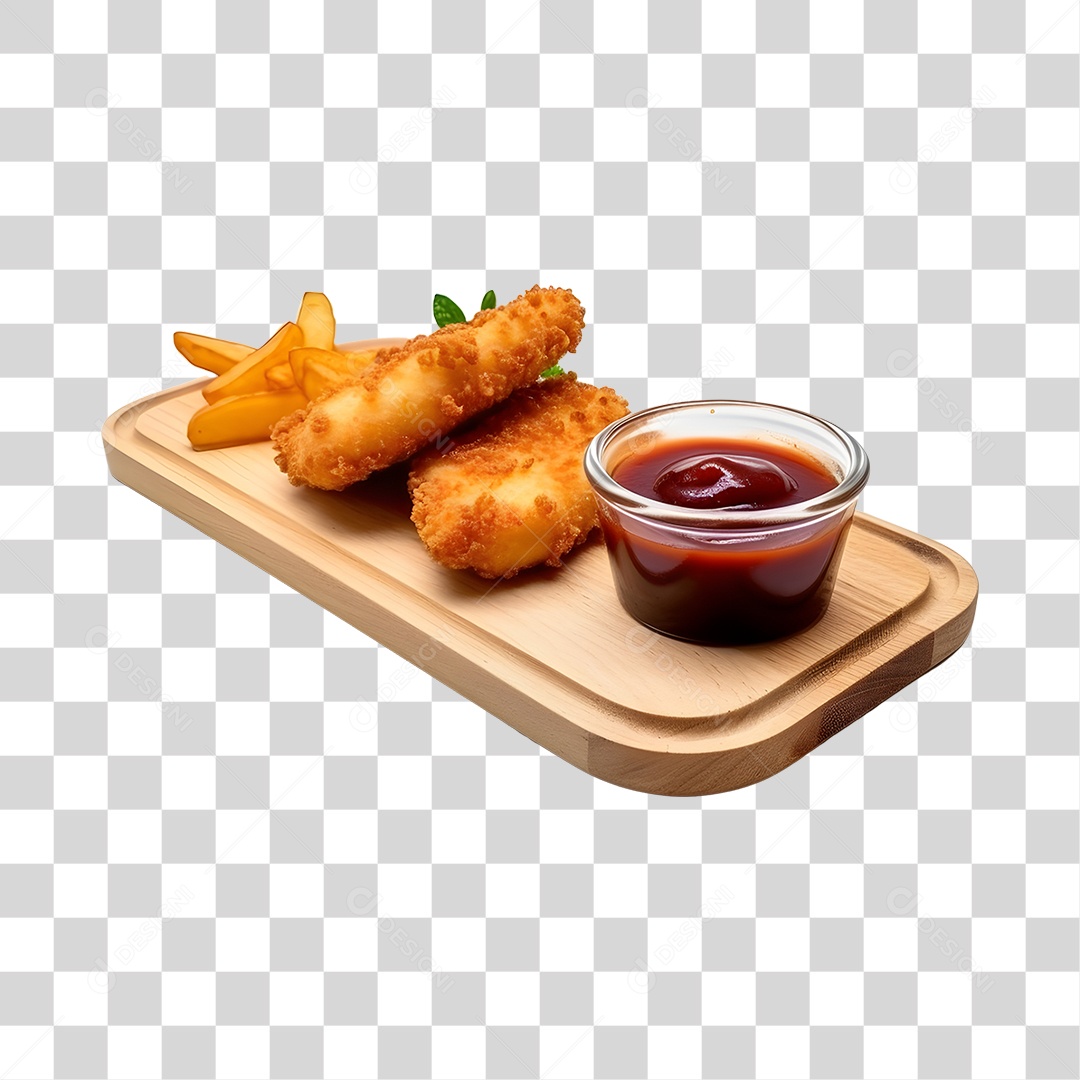 Frango Empanado Com Molho Na Bandeja De Madeira PNG Transparente