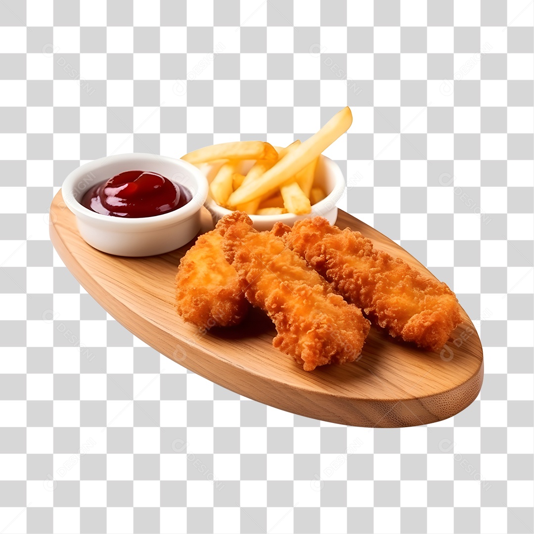 Frango Empanado Com Molho Na Bandeja De Madeira PNG Transparente