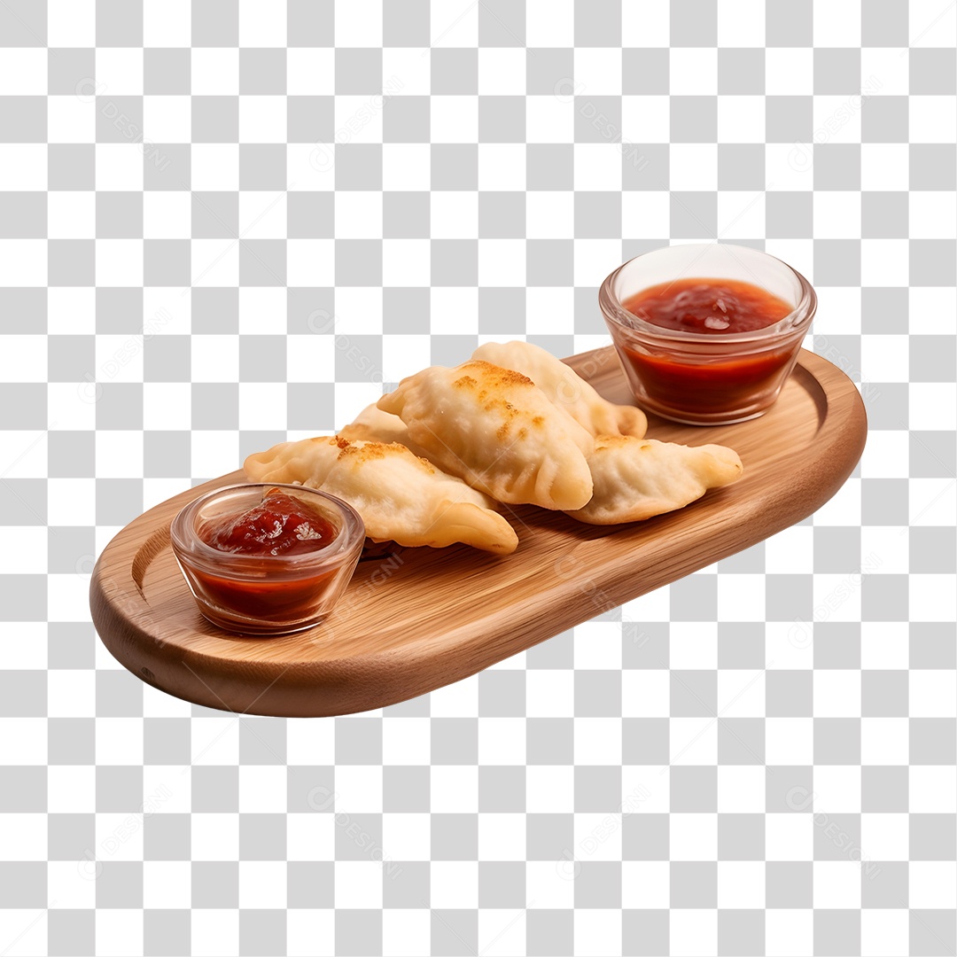 Empadas Com Molho Na Bandeja De Madeira PNG Transparente