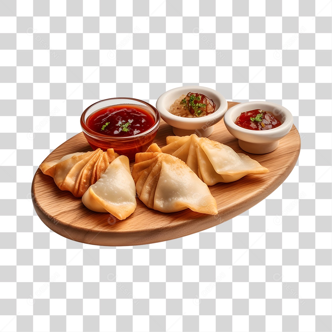 Salgados Com Molho Na Bandeja De Madeira PNG Transparente