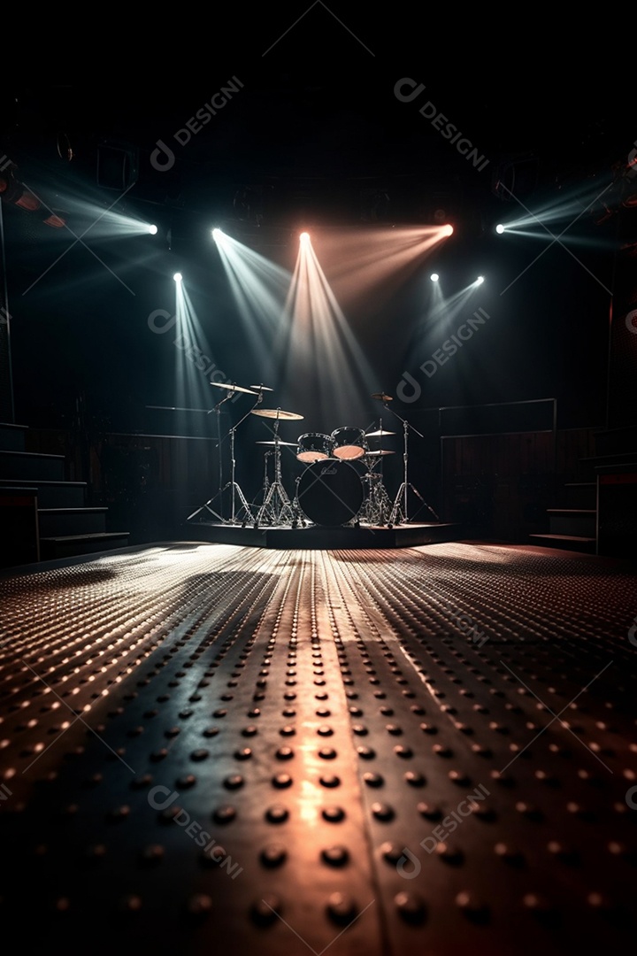 Cenário de um palco com bateria instrumento musical