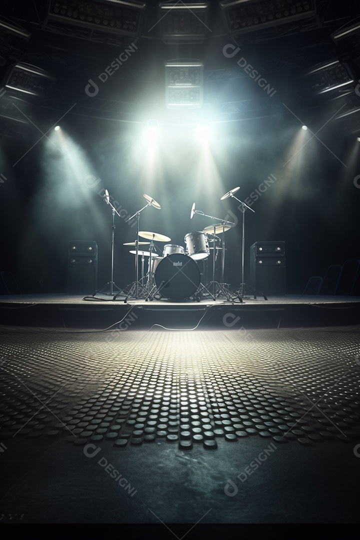Cenário de um palco com bateria instrumento musical