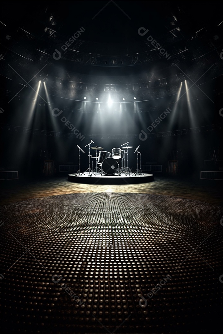 Cenário de um palco com bateria instrumento musical