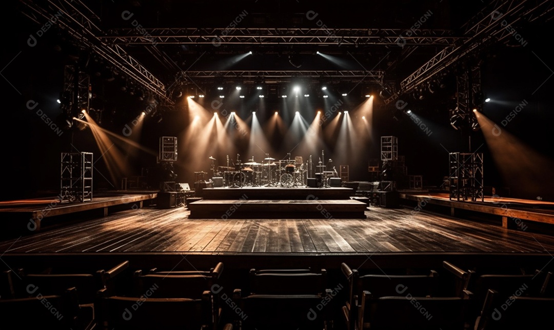 Cenário de um palco de madeira com iluminação